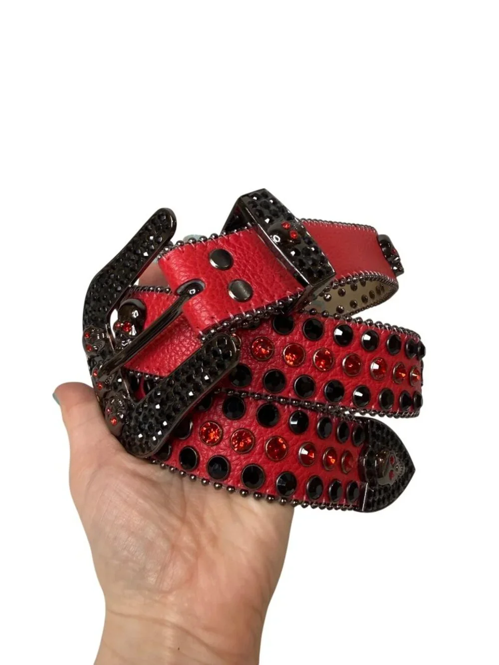 Red Leather Studded Skull Belt – Gothic Rhinestone Buckle Biker Statement Belt 4